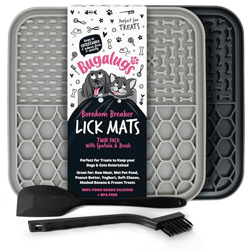 Bugalugs Licky Mats For Dogs, 100% Food Grade Lick Mats For Dogs & Cat Food Mat BPA Free Dog Mat, Feeding & Licking Lick Mat, Reduce Stress & Anxiety, 2x Pet Food Mat, Spatula & Brush (Black & Grey)