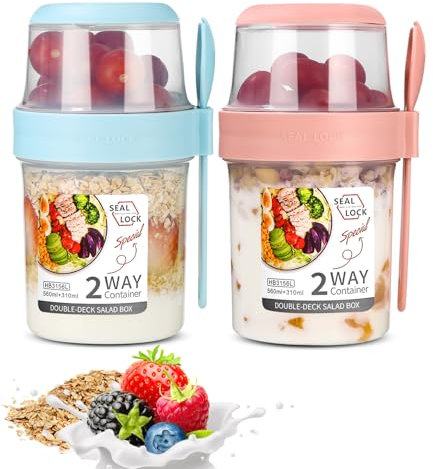 SinLaw 2 en 1 Coupe de yaourt, Pot yaourt avec cuillère,Tastes à céréales à yaourt,Gobelets à Céréales Double Couche 310+560m (Pink+Blue（310ml+560ml)