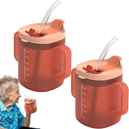 Renchey 1/2 pièces 300 ml gobelets étanches pour personnes âgées - Gobelets pour personnes âgées | Gobelet anti-fuite avec 2 anses | Gobelet avec couvercle et paille | Tasse à eau avec poignées