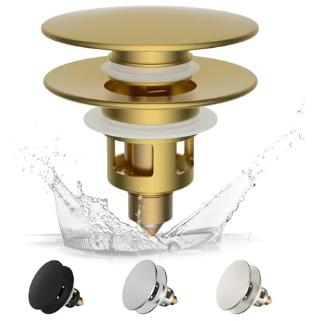 Hibbent Pop up handfatspluggar med dräneringssil, studs-kärna trycktyp dräneringsplugg, handfatsplugg lämplig för 25 mm till 46 mm, universell diskbänkstoppare ersättning för badrum, borstat guld