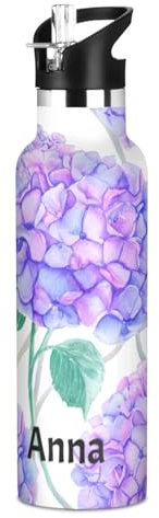 Botella de agua personalizada para niños con pajilla para la escuela, 20 onzas, botella de agua personalizada de acero inoxidable aislada al vacío para viajes o escuela, sin BPA, flores de hortensias