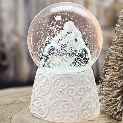 Weihnachts-Schneekugel mit Musik | Berglandschaft mit Brücke | Sockel weiß Ornament | 100mm breit, 140mm hoch | mechanische Spieluhr | Weihnachtsdekoration | 20292