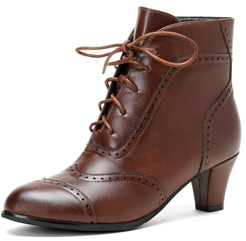 Pixoecuty Women's Victorian Ankle Boots Lace Up Booties Side Zipper Chunky Heel Oxford Wingtip Boots Brown US 10.5