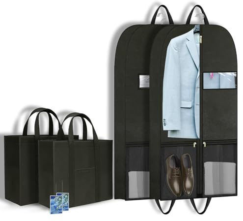 Kleidersack Kurz 109x60cm für Anzug Jacke Hemd Schwarz (2er Set) | Atmungsaktive Kleiderhülle mit Griffen und Taschen, Anzugtasche für Reisen und Aufbewahrung, Reißverschluss Kleiderschutz