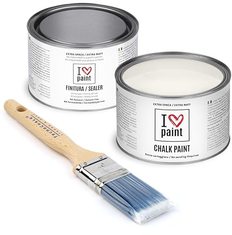 I Love Chalk Paint – Kit Completo Vernice, Finitura e Pennello - Pittura Senza Carteggiare – Colore Bianco Antico (375ml Chalk Paint + 375ml Finitura + Pennello 40mm)