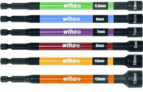 Wiha Farbcodiertes Steckschlüssel Set magnetisch, 150 mm 6-tlg. 1/4 | (47035) Extra lange Ausführung I Größen 5,5, 6, 7, 8, 10, 13mm I Sechskant Stecknüsse I Steckschlüsselsatz für Akkuschrauber