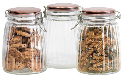 Darthome 3 x 1.5 Litre Vintage Ribbed Glass Storage Jars with Copper Coloured Plastic Lids with Airtight Seals - Ideal for storing sweets and candy