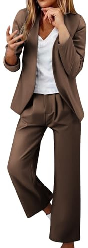 Generisk byxkostym dam affärskläder fritidsoverall elegant, kostym stora storlekar fritid kostym jacka och breda kostymbyxor enfärgad kostymer slim fit byxor bekväm damkostym, kaffe, S
