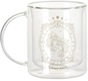 Fabulous Tazza in vetro a doppia parete, con scritta Gemeaux Cartomancia, segno astrologia zodiacale, astri, costellazione, tarocchi, tazza da caffè e isolante, 330 ml, effetto sospeso anti-bruciore