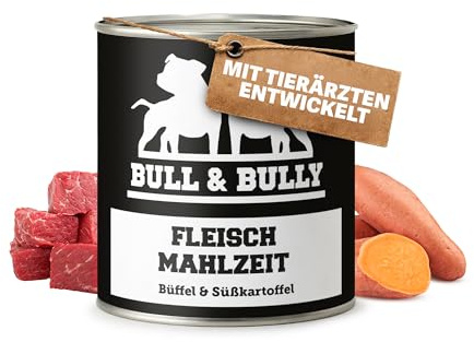 Hundefutter Nass 800g Fleischmahlzeit Büffel & Süßkartoffel | Tierärzten entwickeltes Hunde Nassfutter Premium Wet Dog Food mit 93% Fleischanteil für aktive Hunde von BULL & BULLY