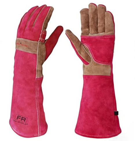 AOUCHI Guantes para barbacoa y soldadura de piel de vaca, de manga larga, guantes resistentes al fuego y al calor para chimenea, barbacoa, soldadura Tig Mig, chimenea, horno, horneado, estufa, rosa