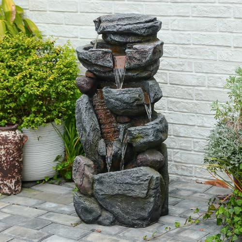Bumilgar 5-stufiger Felsen-Springbrunnen für Innen- & Außenbereich, 80 cm hoher freistehender Garten-Brunnen mit Beleuchtung, Stein-Wasserfall für Terrasse, Balkon, Veranda, Wohnkultur, Grau
