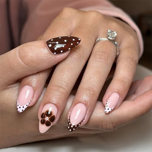Velvoria Set di 30 Unghie Adesive, Unghie Artificiali a Mandorla (Nails), Stile French Marrone e Bianco, Design Retro a Pois