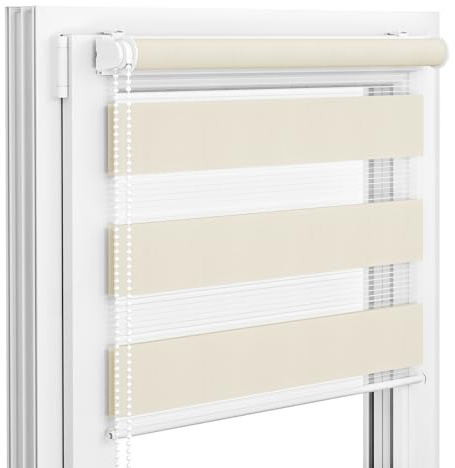 Victoria M. Zevra Doppelrollo Duorollo, Klemmrollo ohne Bohren & mit Bohren für Fenster und Türen, Klemmfix Duo Rollo Fensterrollo Lichtdurchlässige/Verdunkelnde Streifen, 85 x 230 cm, Creme