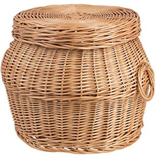e-wicker24 Pouf de Rangement Coffre de Rangement, Panier rond avec couvercle en osier buff. (Ø: 31 H32, Naturel)