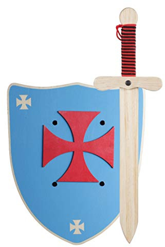 Ritter Schwert und Schild aus Holz, Handgefertigtes - Spielzeug für Jungen, Mädchen, Kinder - Ergänzung für Spiele, Imitationsspiele, Kostüme, Mittelalter, Krieger, Mottoparty (Blau Schild XL)