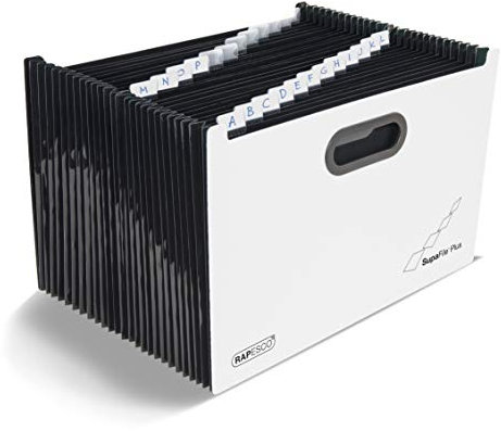 Rapesco 1622 SupaFile Plus 26-Teiliger Fächermappe, Übergröße für Akten und Ordner, A4+, Weiß mit Schwarzen Trennblätter
