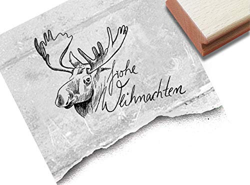 Stempel Weihnachtsstempel Elch mit Frohe Weihnachten - Textstempel Tier Karten Geschenkanhänger Basteln Weihnachtsdeko Geschenk - zAcheR-fineT
