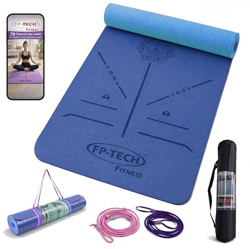 FP-TECH TAPPETINO DA YOGA IMBOTTITO ANTISCIVOLO FITNESS PILATES GINNASTICA IN TPE MAT CON SACCA 183 X 68 X 0.8 CM (Blu Elettrico-Azzurro)