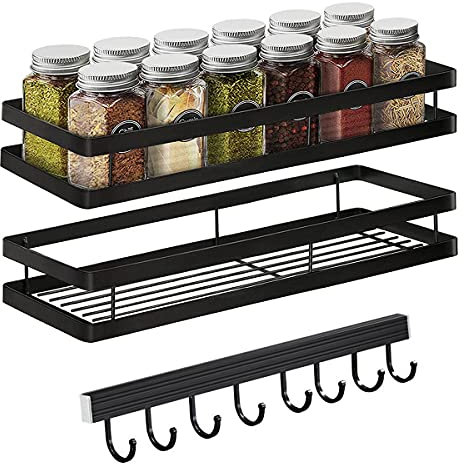 Gewürzregal Wand Ohne Bohren 2er Set mit Küchenreling Küchenregal hängend Gewürzregal Schranktür Edelstahl Duschablage für Küche Badezimmer Balkon 35 x 12 x 5,7 cm, Schwarz