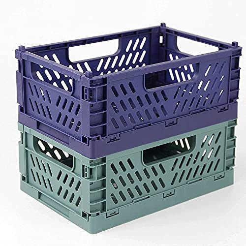 Spesh 2 Pcs Collapsible Crates Storage Boxes Foldable Storage Baskets Plastic Folding Crate Boxes for Kitchen,Living Room,Office(22*15*9cm,Blue+Dark Green)