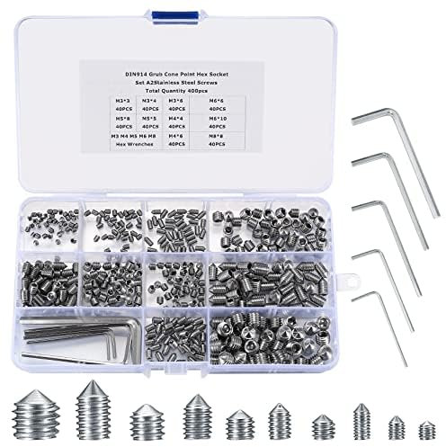 400 Stück Madenschrauben Konus-Spitz Schrauben Set, Edelstahl Innensechskantschrauben, Gewindeschrauben, M3 M4 M5 M6 M8 Gewindehülse