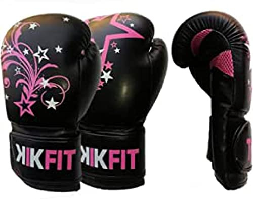 KIKFIT Ladies Pink Boxing Gloves 8oz–14oz – Lightweight Rex Leather MMA Training, Sparring, Punch Bag & Muay Thai Gloves for Women – Gym Workout & Fighting Mitts (12oz)