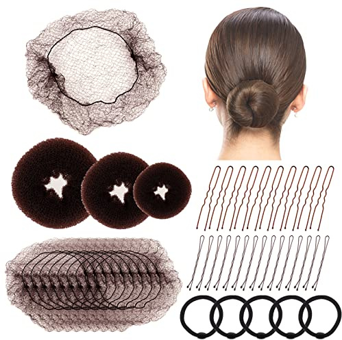Hair Bun Net,68PCS Easy Hair Styling Tools for Women Girls Hair Accessories | Include Ballet Hair Nets, Hair Doughnut, U Shaped Hair Pins, Bobby Pins and Hair Bands, Hair Bun Maker, Brown Bun Rings