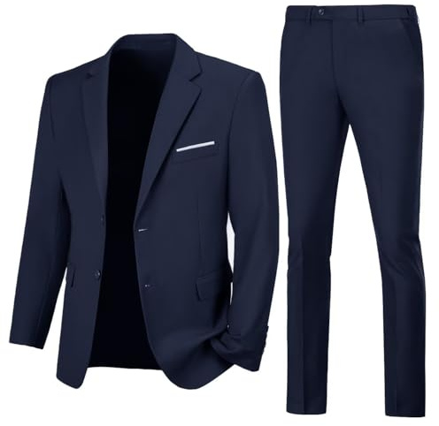 Lynerun Men's 2 Piece Suit Slim Fit Prom Suits for Men Solid Formal Suit for Party Homecoming Wedding Groom Navy Men Tuxedo L