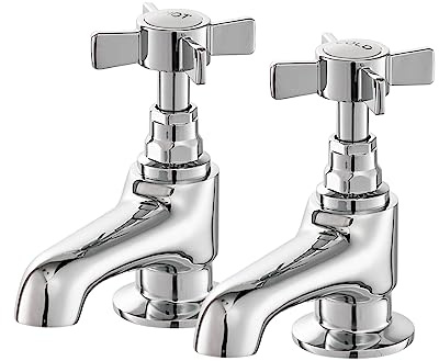 Basin Taps Pair, HEXMIXER Victorian Bathroom Sink Taps, 1/4 Turn Chromed Brass Traditional Basin Pillar Taps G1/2 042CR