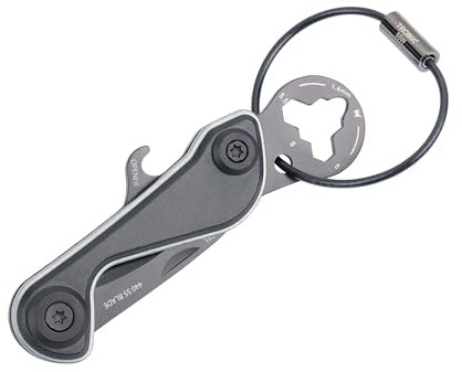 Llavero mini herramienta 9 funciones - PARCEL CUT & CART - extractor de carritos de la compra, cuchillo para paquetes, abrebotellas, abrepaquetes (auténtico acero inoxidable 440) color titanio