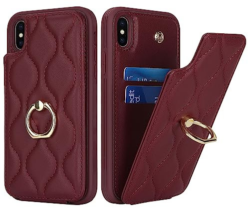 SailorTech iPhone X Hülle mit Kartenhalter für Frauen, iPhone X/XS Handyhülle Ring-Ständer [Kartenfach] [Standfunktion] Niedliche und modische Tasche für iPhone X/XS-Burgunderrot