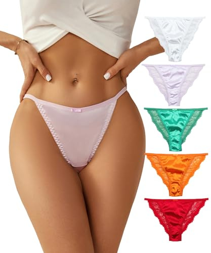 abandi 5 Pack Lace Satin Bikini Panties, Sexy String Bikini Underwear for Women Silky Smooth Hipster for Daily Wear,Size L