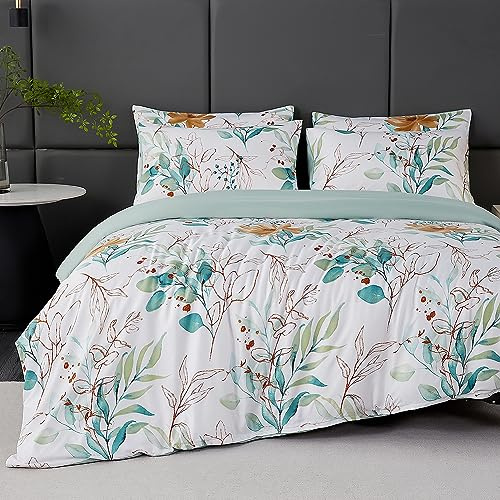 Jemiipee Blumen Bettwäsche-Set mit Grünes Eukalyptus-Blatt-Muster, 2 x Bettbezüge 135x200 cm mit 2 x Kissenbezüge 80x80 cm und Reißverschluss, Weiche 100% Mikrofaser Bettwäsche Modern, Weiß Grün