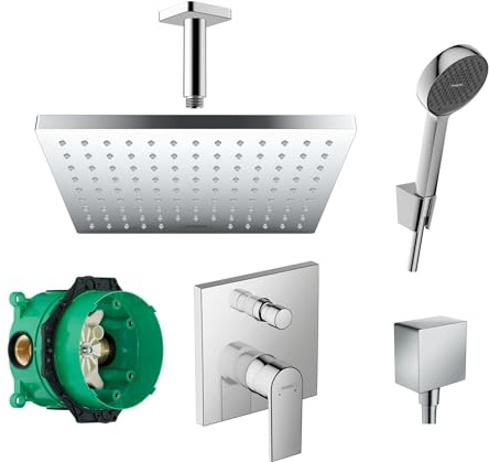 Hansgrohe Duschsystem Unterputz mit Duscharmatur Hansgrohe HGK02 poliert | Duscharmatur von Hansgrohe Vernis Shape Einhebelmischer und Hansgrohe Regendusche Duschkopf eckig, Dusch-SET poliert