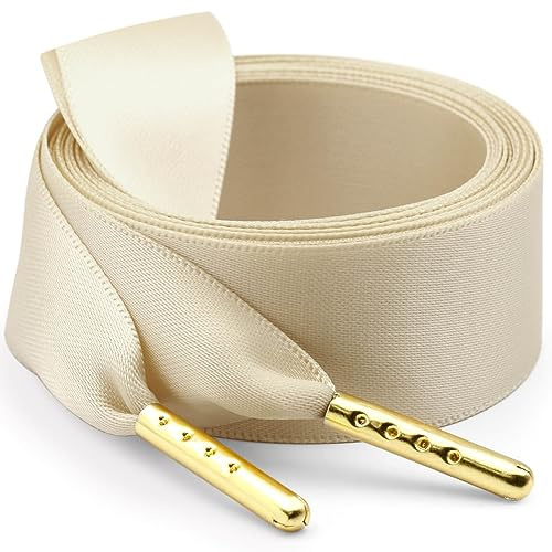 WEGOODZF Satinband skosnören: 2 cm breda platta skosnören i silke för kvinnor flickor 2 par ersättningsskosnöre för träningsskor stövlar sneakers, 03 Kaki med gyllene metallspetsar, 39 Inch (100cm)
