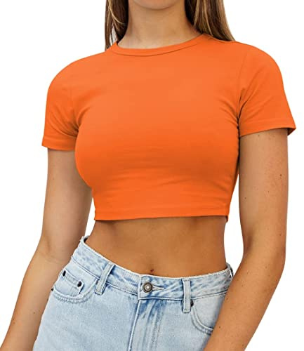 AirMood damer crop sommar t-toppar kortärmade casual skuren t-shirt, apelsin, S