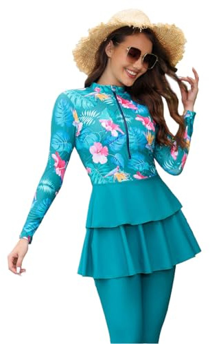 Odizli Burkini Damen Muslim Frauen Muslimische Badeanzug Islamische Langarm Reißverschluss Blumendruck Rüschen UV Shirt +Badehose+Badekappe Hijab 3tlg Schwimmanzug Ganzkörper Modest Bademode Grün S