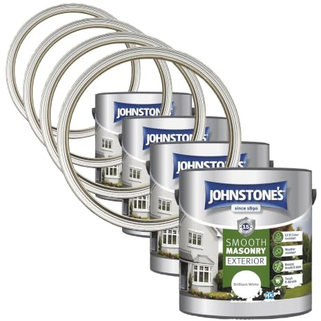 Johnstone's, Exterior Smooth Masonry Paint, Brilliant White, Up to 15 Years Protection, Weather & Dirt Resistant, 30m² Coverage Per Tin, Dry in 1-2 Hours, 2.5L (Pack of 4)