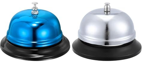 QUARKZMAN 2 Pcs Timbre de Llamada, 100mm/3.94 Timbre de Mesa para Servicio de Restaurante, Hotel, Cocina, Bar, Fiesta, Aula (Azul+Plata)