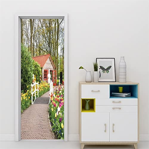 türaufkleber 90x200cm(35.43 inches * 78.74 inches) Holzhaus Garten Kunst Tür Aufkleber 3D Mode Aufkleber Kunst Dekor Wand Fenster Tür Aufkleber abnehmbare Wandplakat