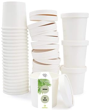 DeinPack 50 Suppenbecher 300ml 12 oz weiß I Suppen-Becher to Go Pappe I 50 Einweg-Becher mit Deckel | Eisbecher
