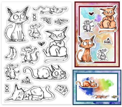 GLOBLELAND Katzen Und Maus Transparente Silikonstempel Lustige Klare Stamps Cartoon TiereSilikonstempel Für Kartengestaltung DIY Prägung Journaling