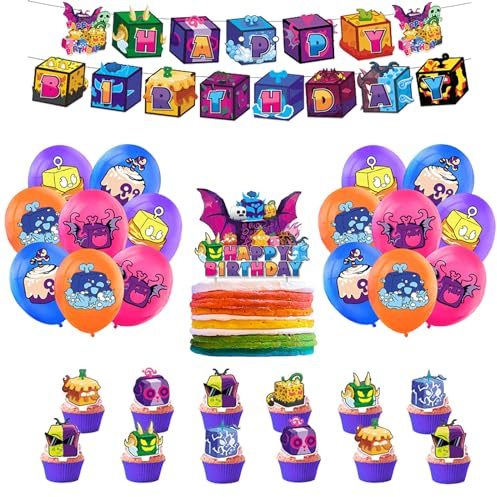 SMLHPARTY Anniversaire Blox Fruits Décoration Pack: 16 Ballons, 1 Bannière, 13 Décorations de Gâteaux - Several Couleurs - Caricature - PVC, Plastique