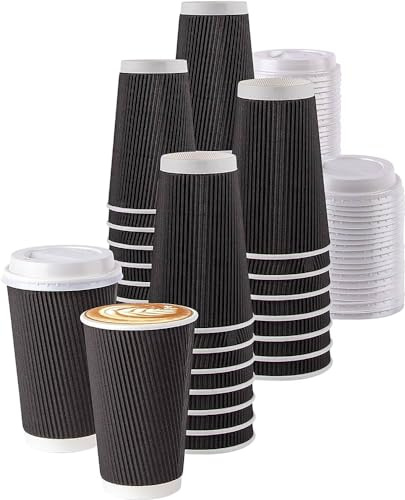HOT BARGAINS 16oz Black Ripple Kraft Paper Cups with Lids, Triple Wall Insulated for Hot and Cold Drinks, Pack of 25