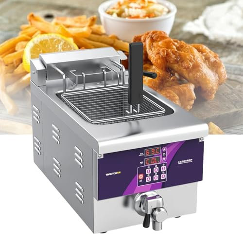 LFfwynog Freidora Comercial eléctrica con Cesta sólida de fácil Montaje, Temporizador, Drenaje, Cabezal de freidora abatible, elevación automática, freidora de encimera Extra Grande de 12 litros