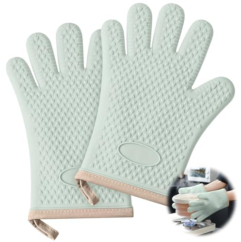 Heat Resistant Gloves; Insulated Gloves; Grilling Gloves; Silicone Non-Slip Oven Gloves; Kitchen Gloves; Kitchen Safety Cooking Gloves; for Grilling, Cooking, Baking, Fireproof Gloves (Mint Green)