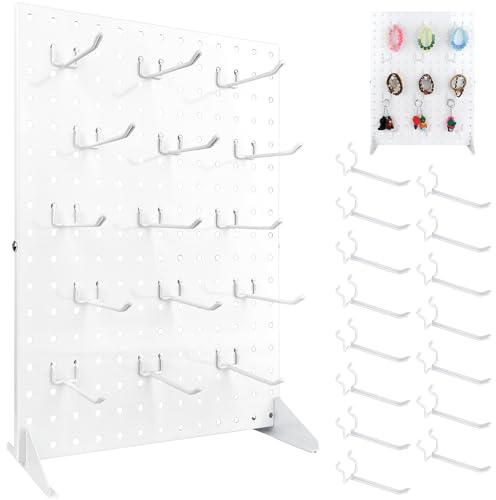 HAUYEST Metal Pegboard Display Stand with 15 Peg Board Hooks Accessories, Desk Pegboard Panels, Merchandise Display Rack for Selling Accessories Vendors & Events Retail Craft Shows & Fairs (White