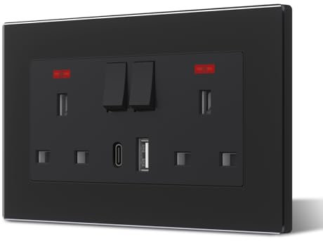 BSEED Double Plug Socket with USB C and USB A,Glass Switched Socket,UK Standard Electric Power Sockets,13A Wall Socket,Save Space,2 Gang,146mm Black
