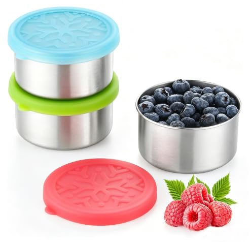 Misichao Small Stainless Steel Food Storage Containers with Silicone Lids | 3 Pack 220 ml Leakproof Reusable Metal Bento Lunch Snack Boxes Meal Prep Food Pots for Kids Adults Rose Green Blue